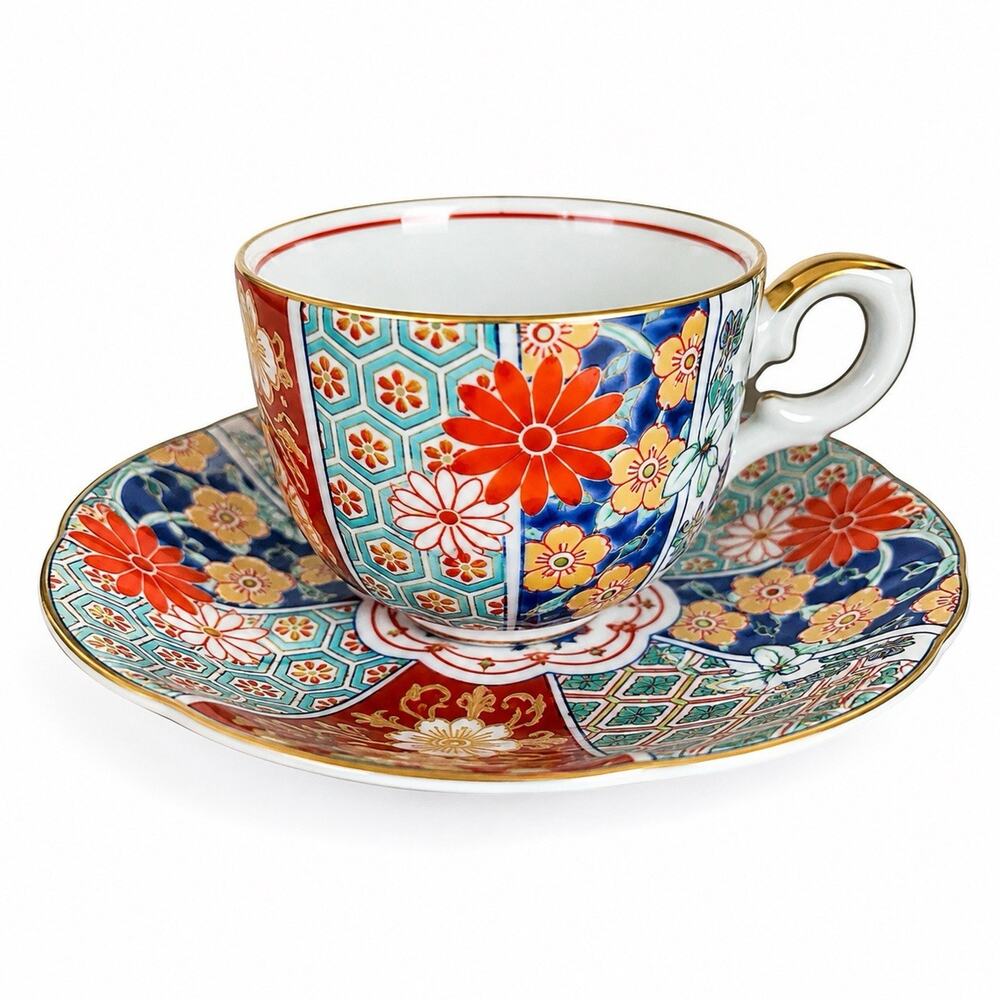 Vtg Arita Imari Teacup Saucer Set Japan Porcelain Fan Shape Kutani